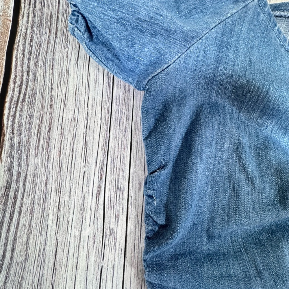 Iris Rouched Stretchy Med Blue Denim Dress On or Off Shoulder Size Large - Picture 6 of 9